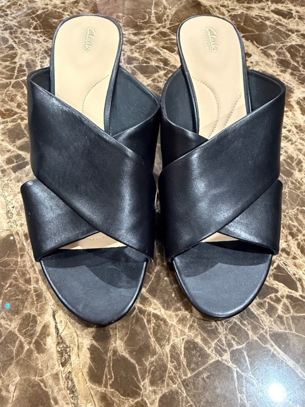 Clarks Black Leather Crisscross Slide Mules